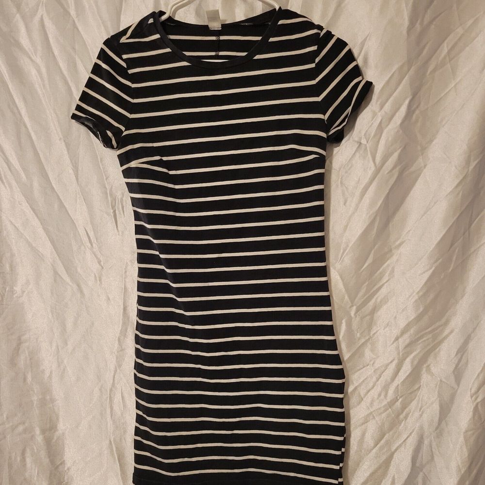 Old Navy 100% Cotton Navy Black Striped Long Pencil T-Shirt Dress w/ Side Slit S